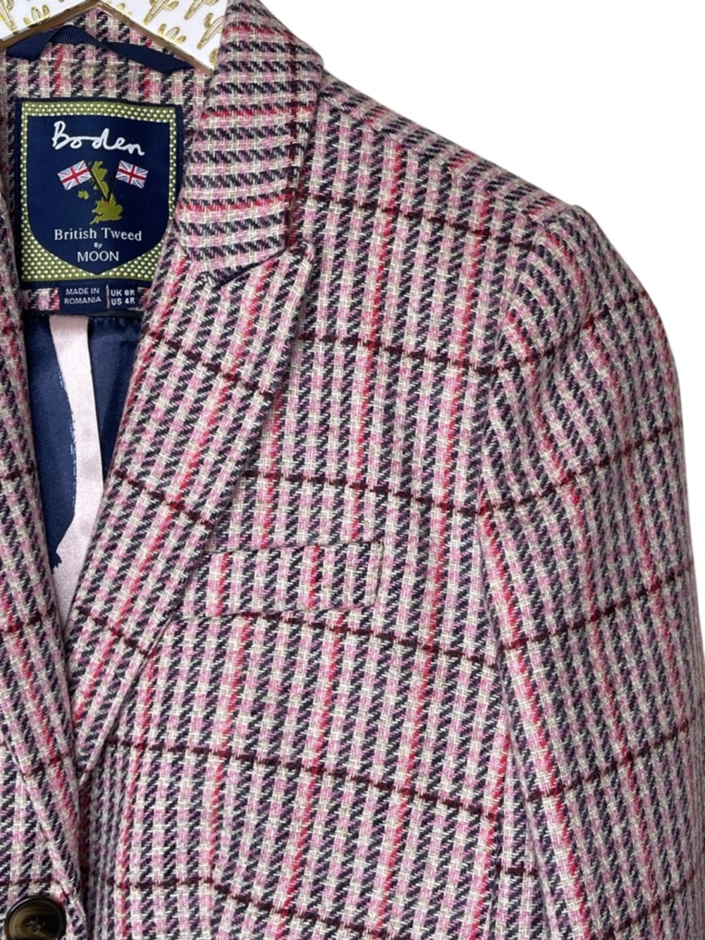 Boden British Tweed Moon Blazer Wool Tweed Plaid Check Size Tailored US 4R UK 8R